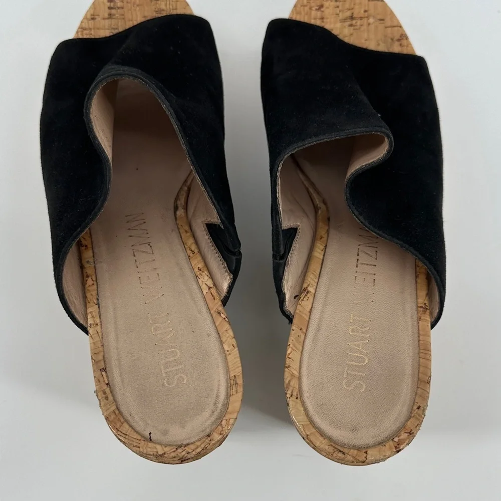 Stuart Weitzman 70s Retro Boho Black Cork Wedge Sandals Causal Chic Sz 10.5 - Picture 7 of 12